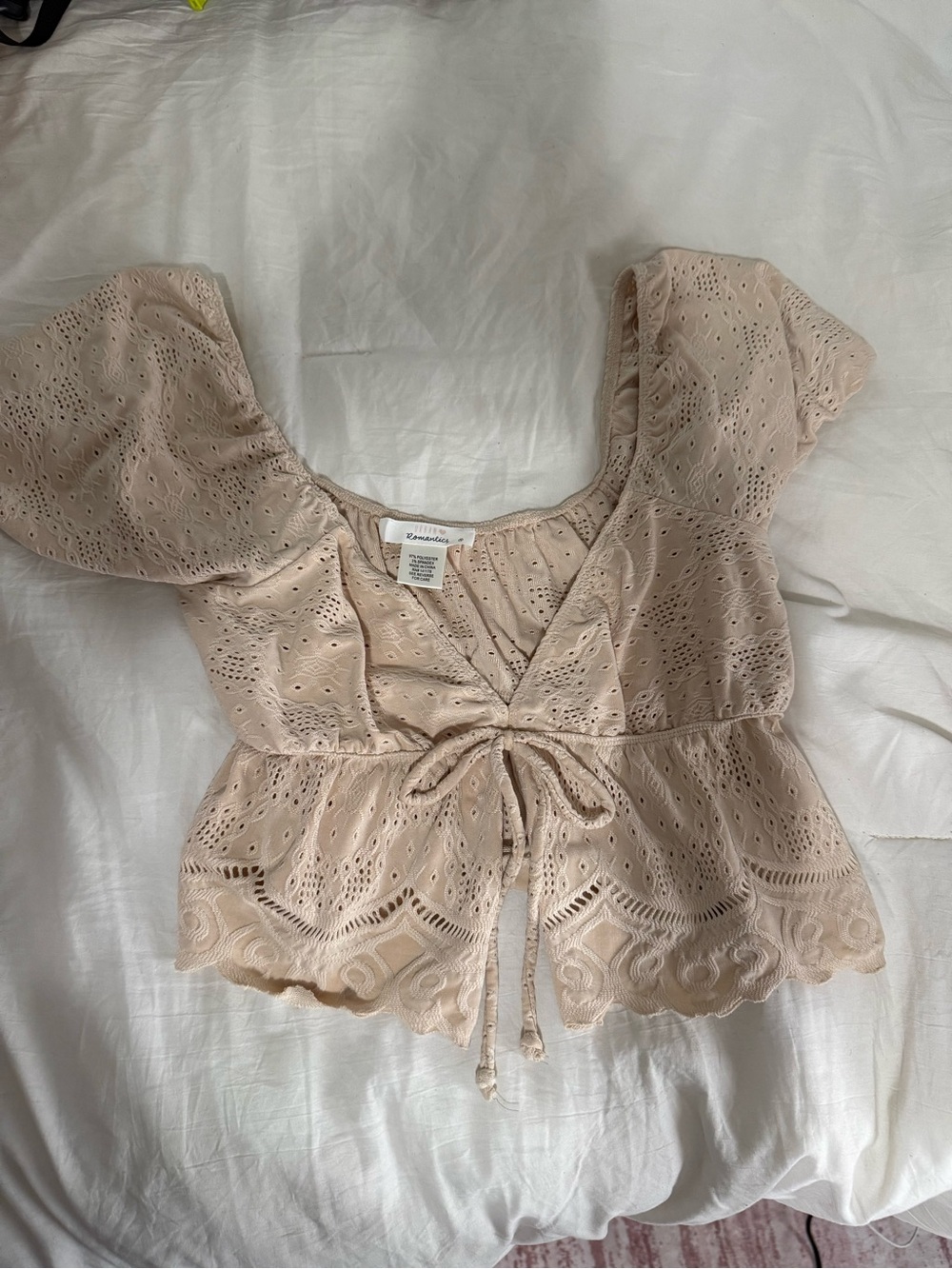 Eyelet Tie-Front Peplum Top - Beige